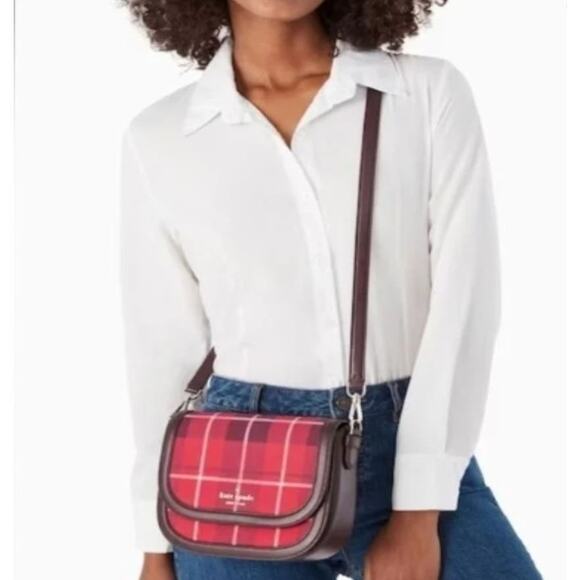 KATE SPADE PLAID SADDLE BAG "BLAKE" CROSSBODY PURSE BRIGHT ROSE RED & BLACK NEW! - Picture 2 of 8